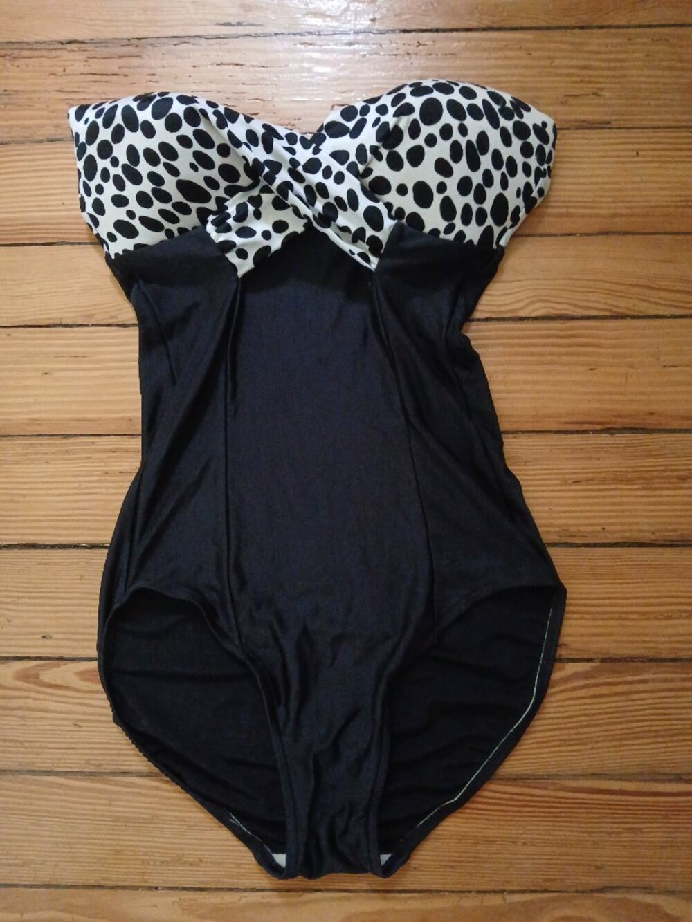 Vntg 70s Bill Blass Strapless Swimsuit  Black & White PolkaDot Bandeau on Black
